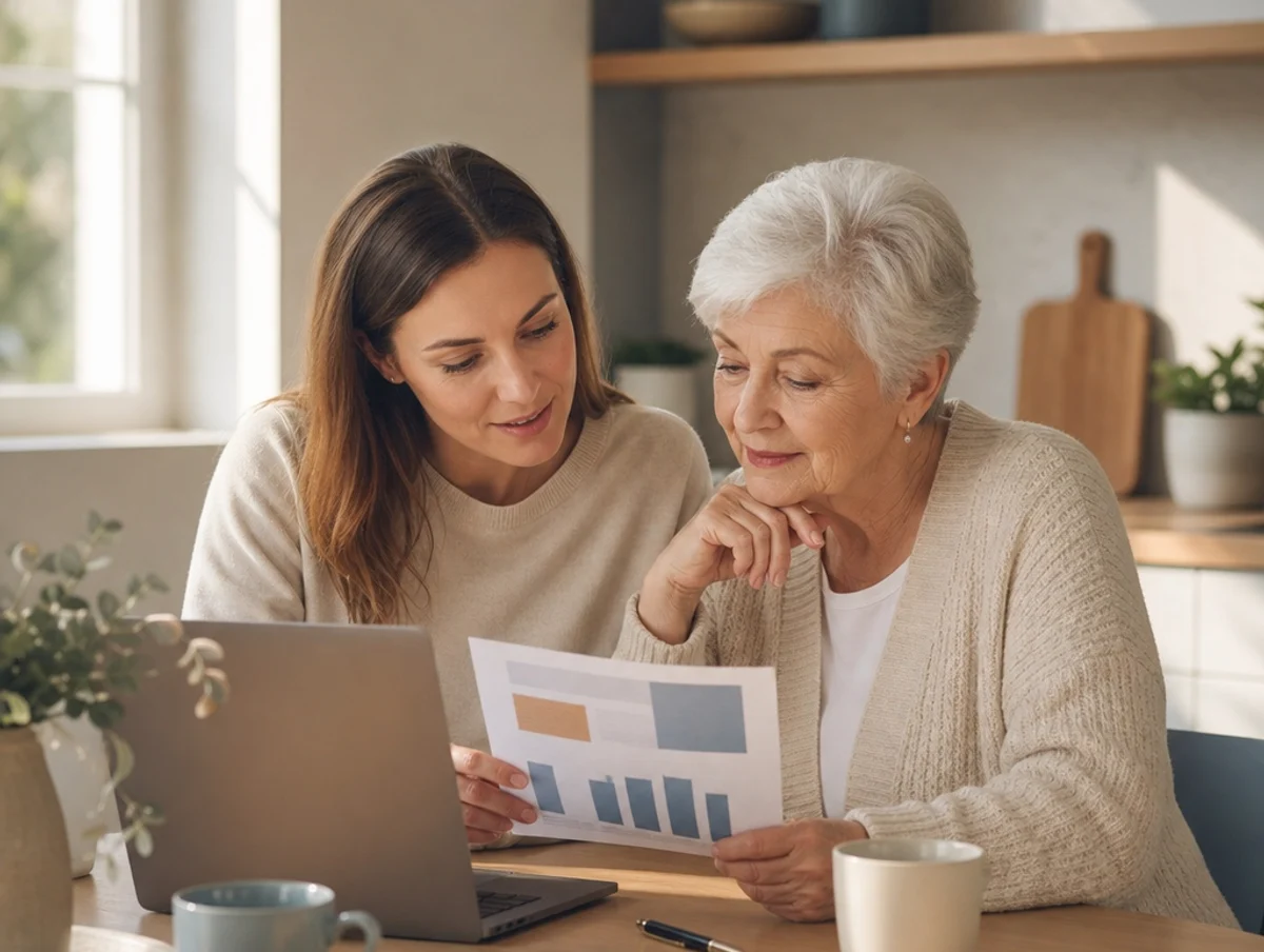 An adult daughter and her mother going through costs together at a kitchen table.