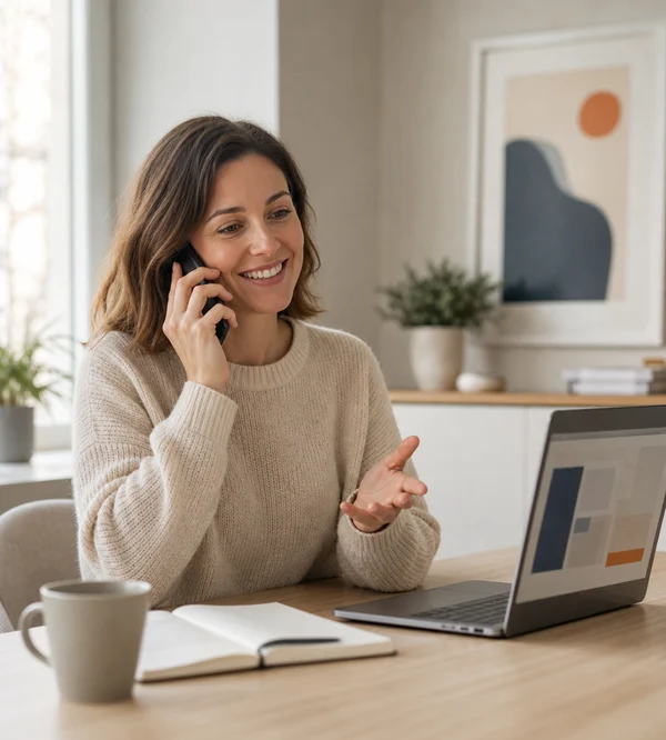 A clinic team member smiling on a phone call at a sunlit desk.