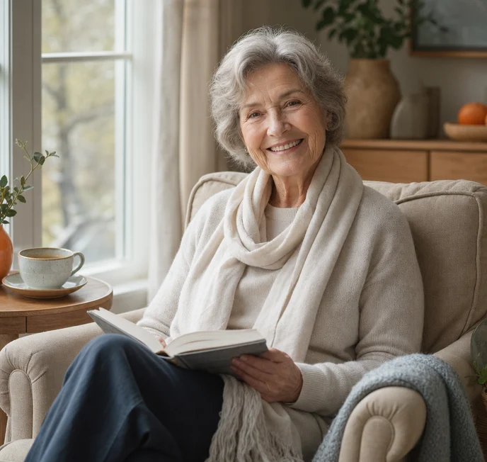 An older woman at home in an armchair, smiling, a book in her lap.