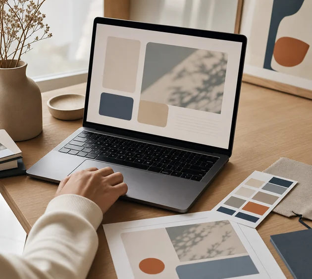 A page layout being designed on a laptop beside colour swatches and a printed sheet.