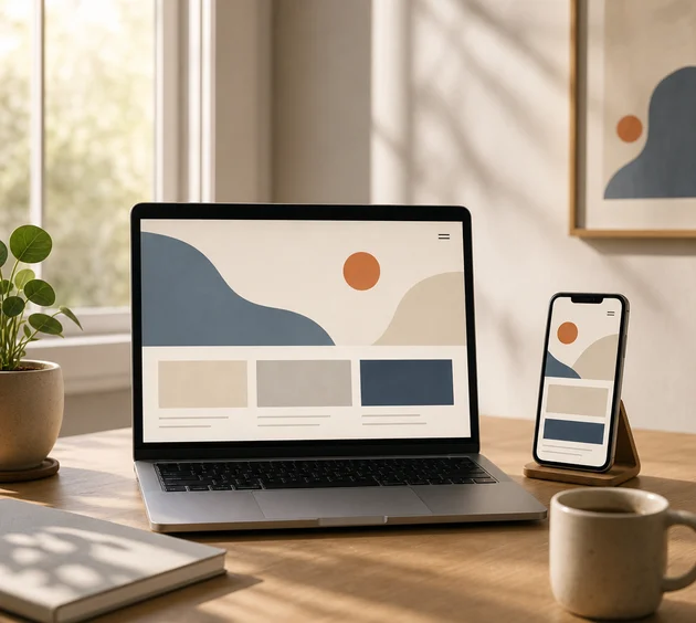 A finished website shown side by side on a laptop and a phone in a sunlit room.